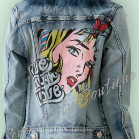 Acid Washed Pulp Fiction Graffiti Classic Cotton Denim Blue Jean Moto Jacket - Picture 3 of 9